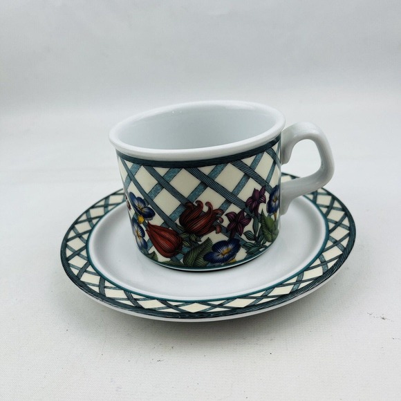 Dansk Nordic Garden Flat Cup & Saucer Set Lot of 2 Round Floral Lattice & Ribbon - Picture 7 of 10